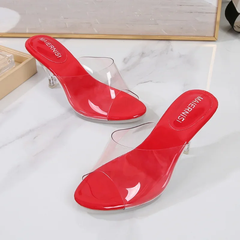 Comemore High-heeled Women's Luxury Sandals and Slippers Woman Elegant Medium Heel Sliders Shoes 43 Korean Casual Crystal Heels