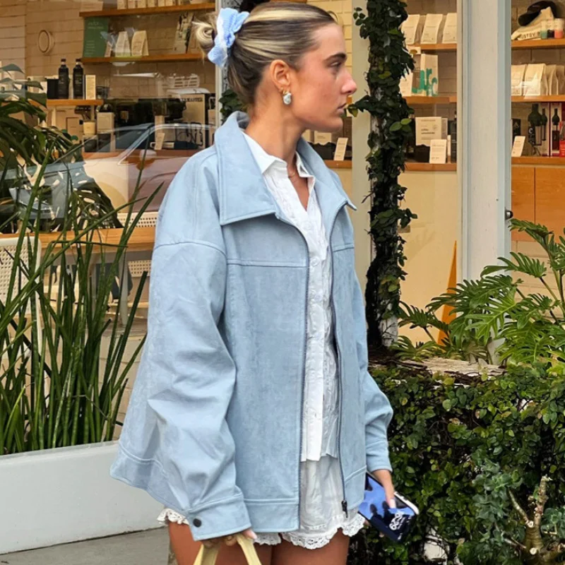 

Женская кожа в американском стиле ретро, элитная синяя крутая модная молния на осень-зиму