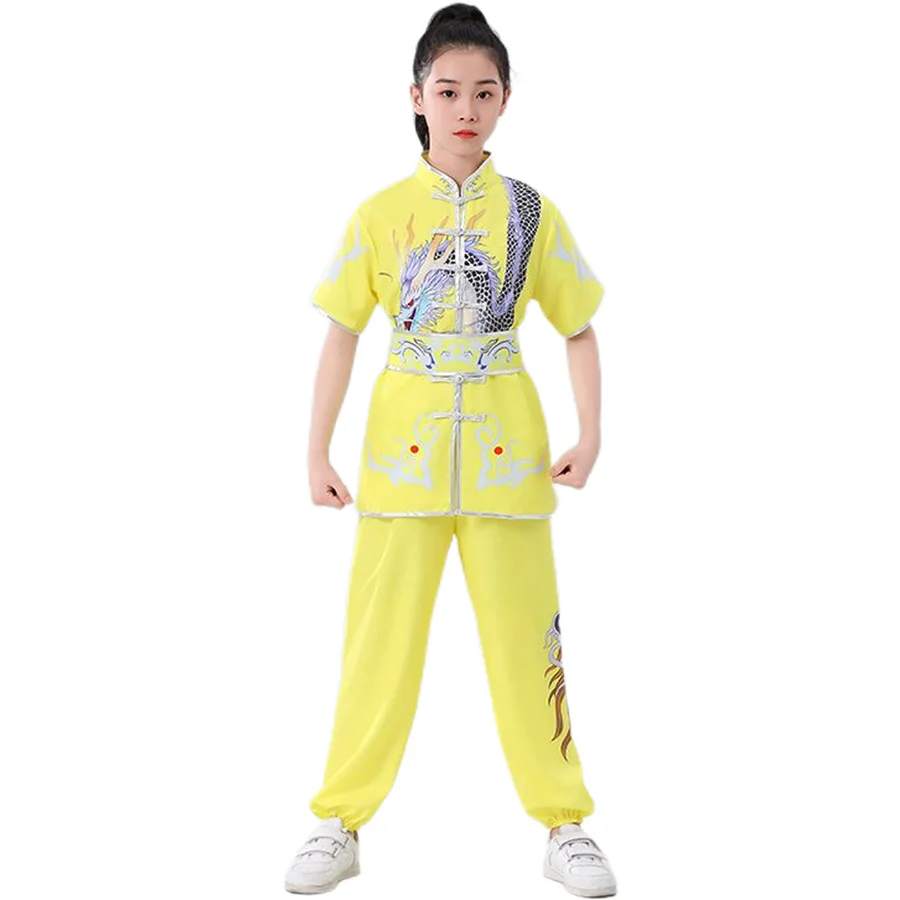 Unisex Chinese Children Traditional Tai Chi WuShu Kung Fu Martial Arts Set Vintage Performance Suit Dragon Print Kung Fu Suit