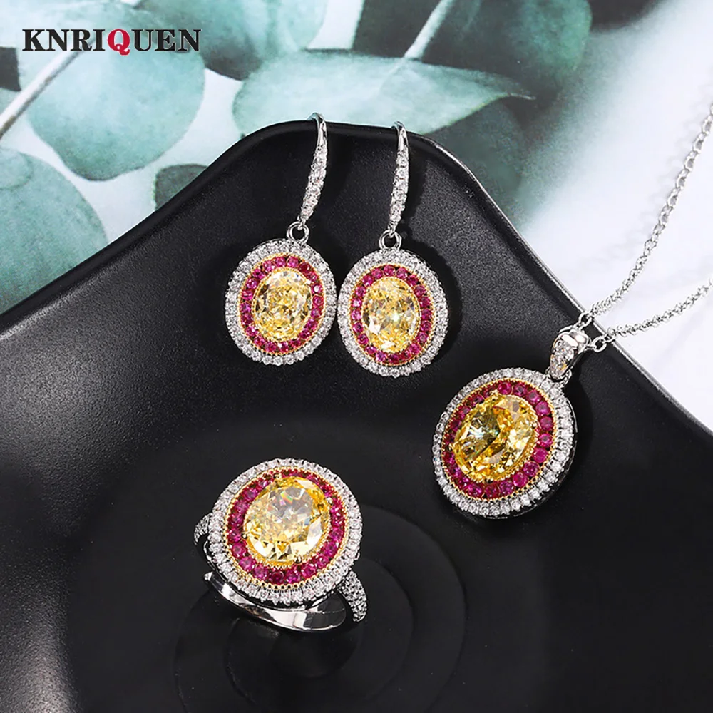 

Charms Iced Cut Lab Yellow Diamond Ruby Necklace Pendant Ring Earrings Wedding Party Fine Jewelry Sets for Women High Quality