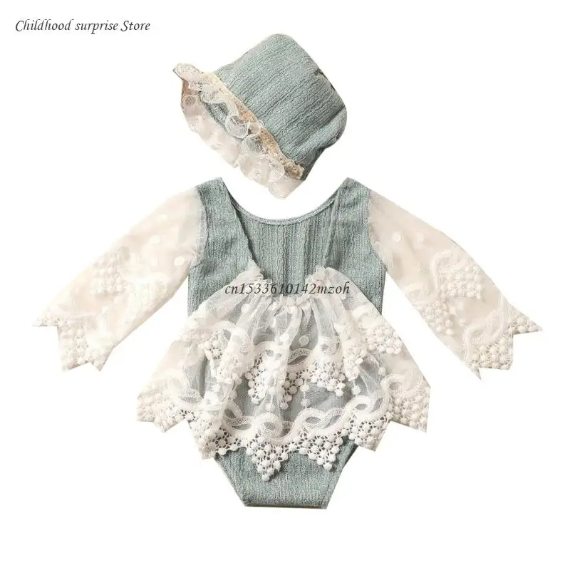 

2pieces Baby Photography Props Romper Dress Lace Bonnet Hat Photoshooting Outfit Dropship