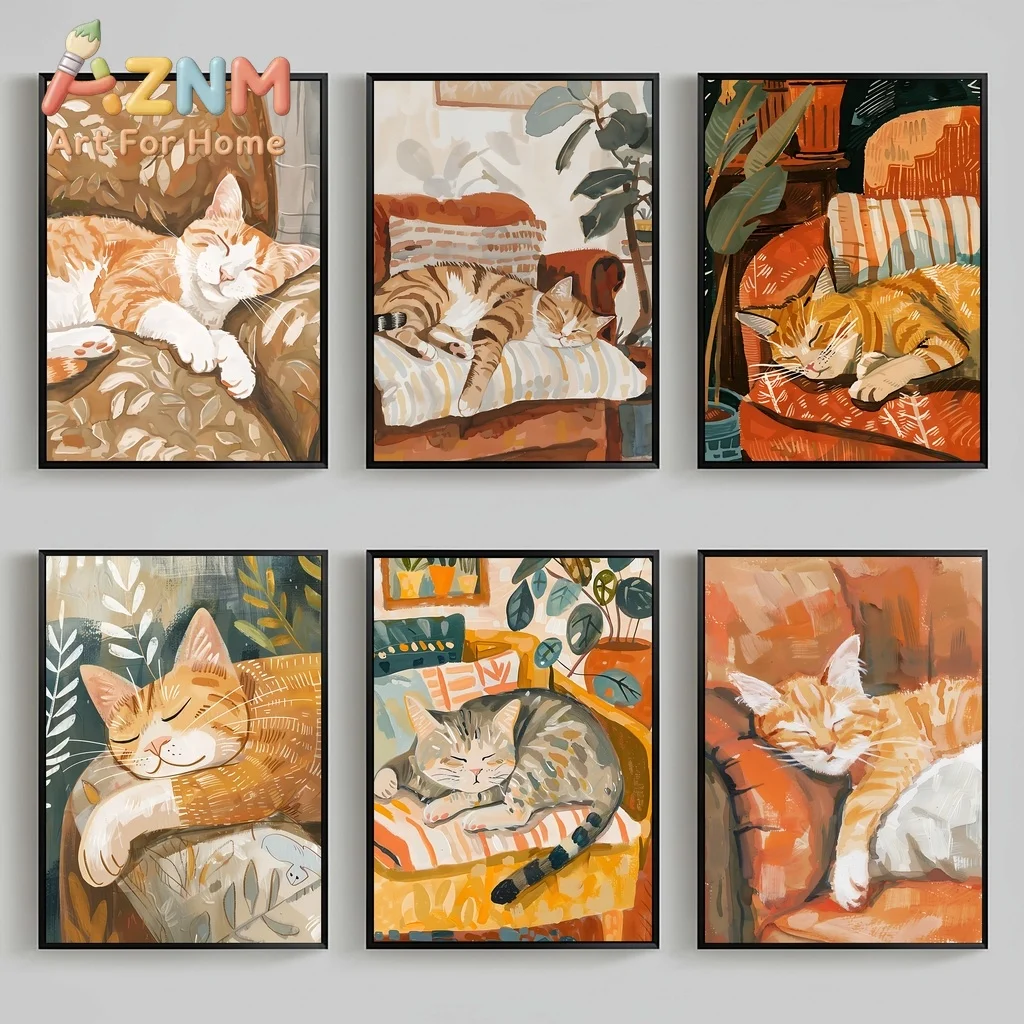Nordic Wall Art Cute Cat Sleeping Gouache Vintage Canvas Painting Nordic Style Poster Prints Bedroom Living Room Wall Decor
