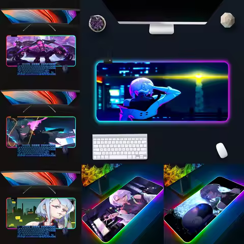Cyberpunk Anime Edgerunners RGB Pc Gamer Keyboard Mouse Pad Mousepad LED Glowing Mouse Mats Rubber Gaming Computer Mausepad