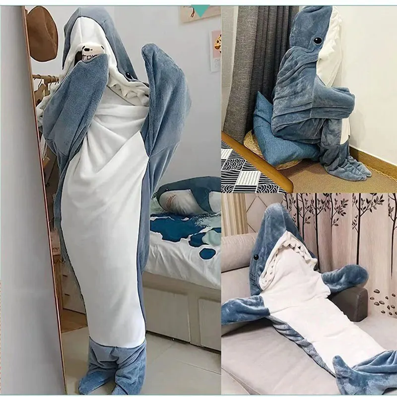 Pijamas de una pieza de tiburón de invierno cálidos y gruesos, saco de dormir de animales de dibujos animados, ropa de dormir de franela para hombres y mujeres, ropa de dormir para el hogar