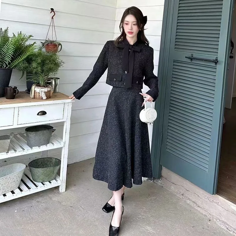 Insozkdg 2024 Spring Autumn French Style Classic Style Fashion Suit Korean Style Short Coat + Long Skirt Two-Piece Set Women\'s