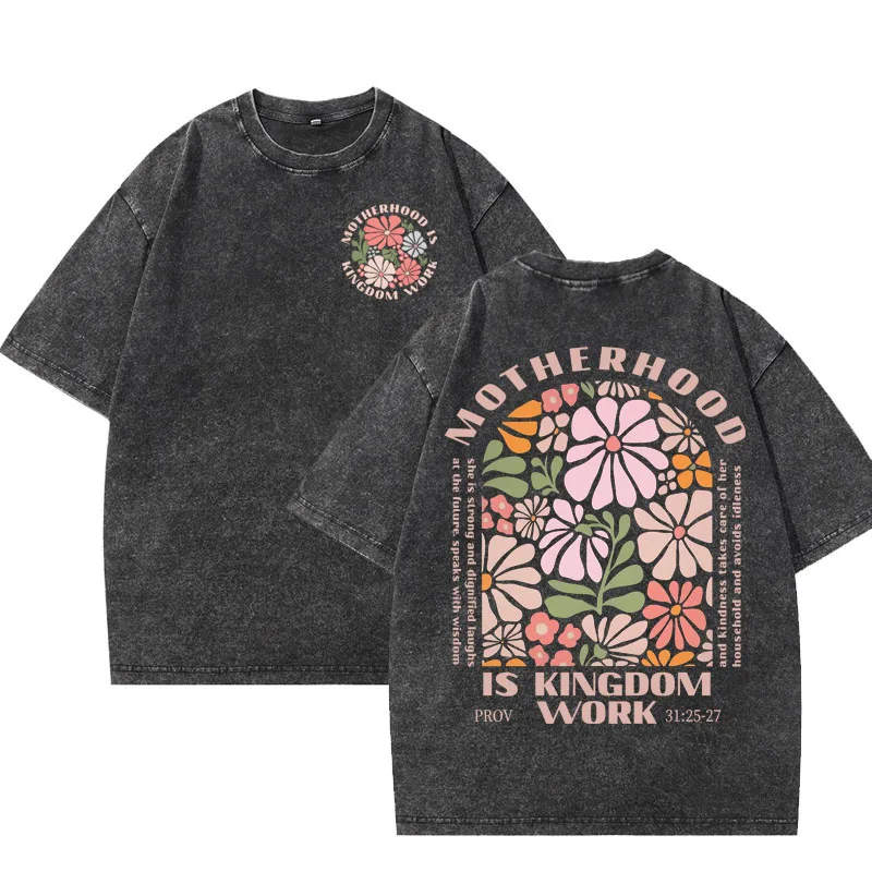 Mutterschaft ist Königliche Arbeit Christliches Grafik-T-Shirt mit Vintage-Waschung und Sprüchen-Blumendesign, Baumwolle, Kurzarm – Detail 4