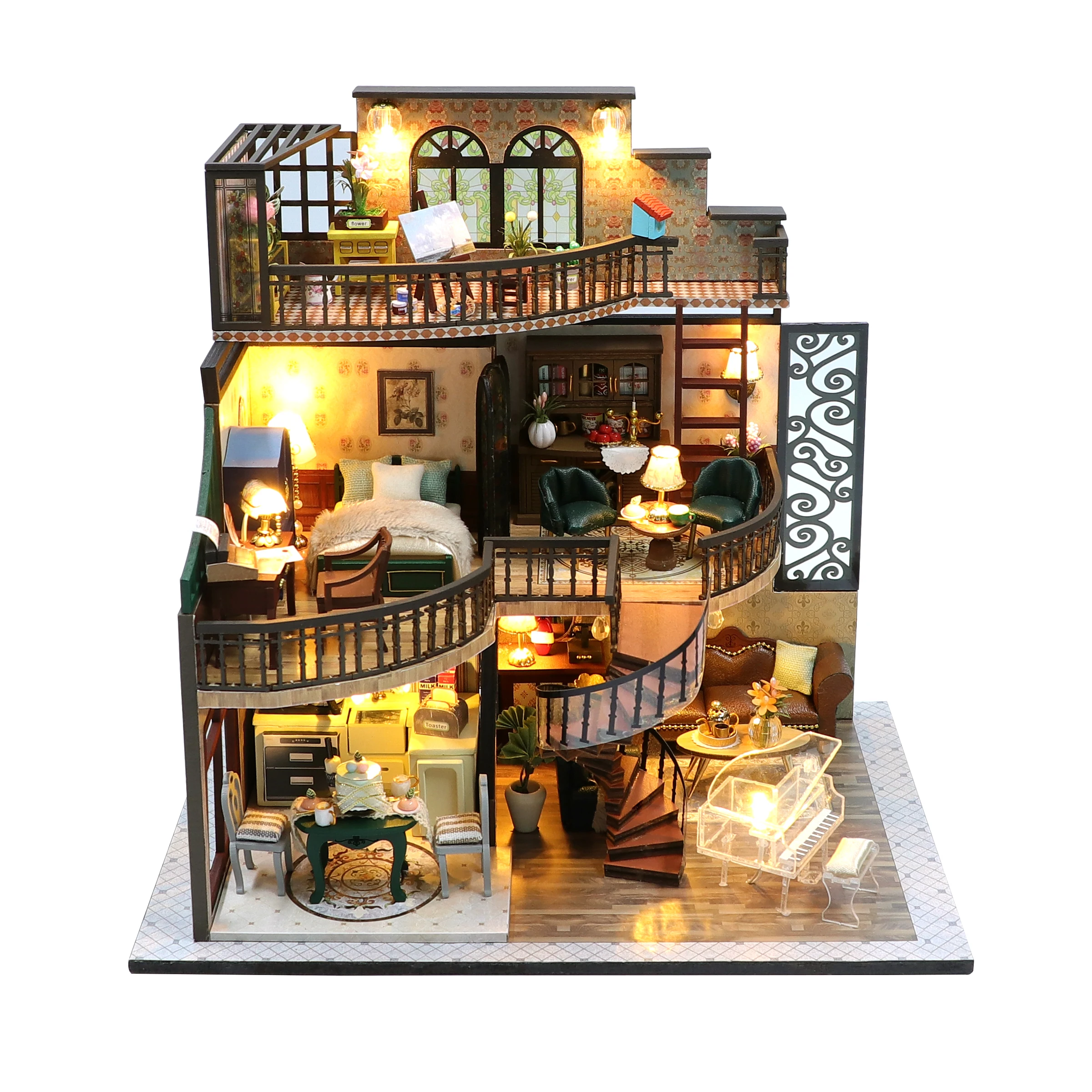 DIY Wooden Miniature Model Kit para Amigos, European Loft, Casa Doll Houses, 3D Puzzle, Dollhouse with Furniture Lights, Xmas Gifts