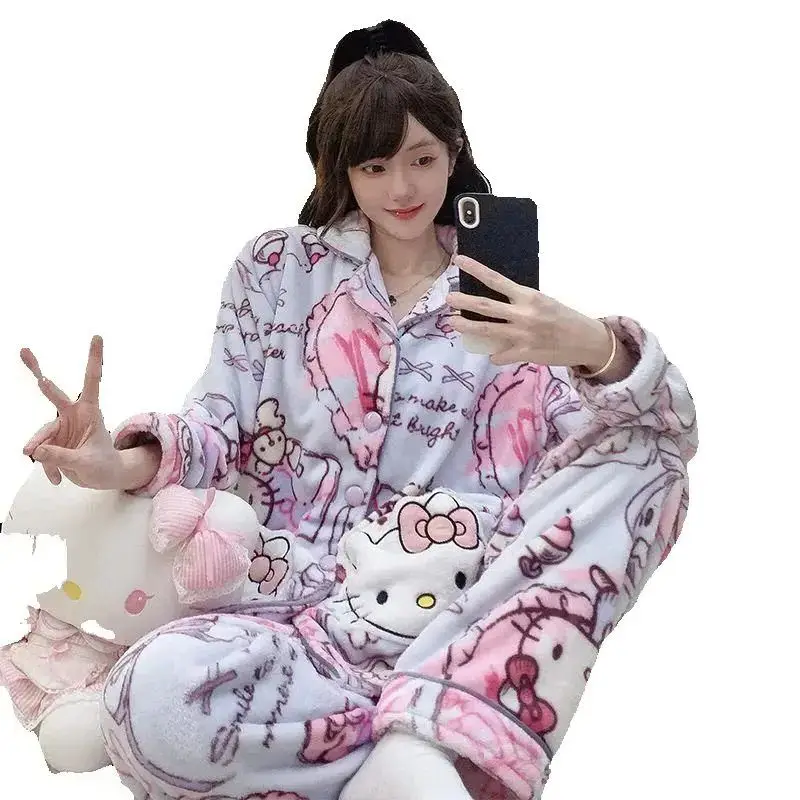

Пижамный комплект Sanrio для девочек microvilli hello kitty kawaii, студенческий повседневный комплект с героями мультфильмов, осенне-зимний комплект одежды для отдыха с круглым вырезом, новый стиль