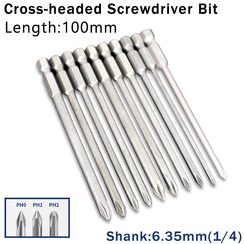 10pcs 100mm Cross Screwdriver Bits Set Alloy Steel Electric Screwdriver 1/4 Inch Hex Screw Driver Bits Hand Tools PH1 PH2