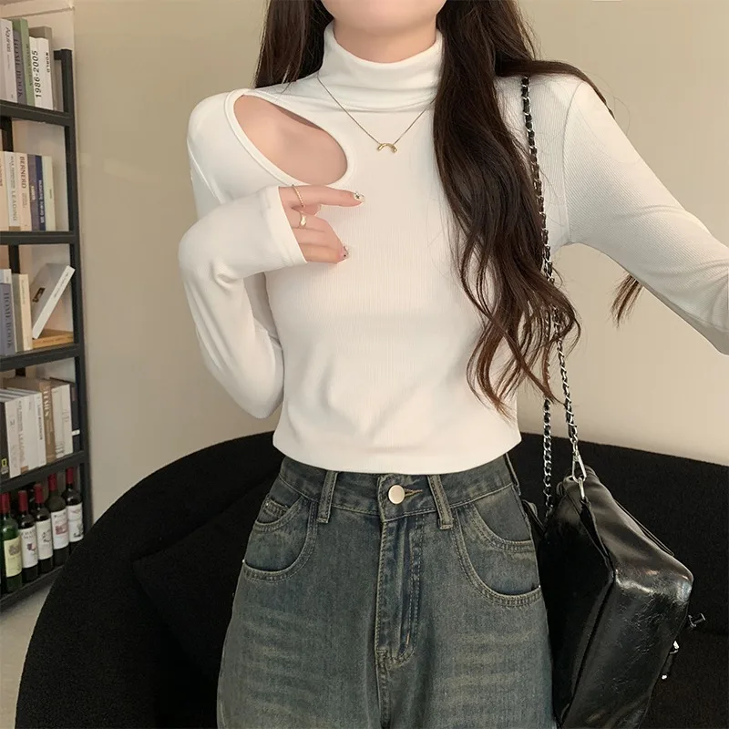 

Сексуальная нижняя рубашка с высоким воротом, весна-осень, новая однотонная тонкая модная футболка с длинным рукавом, топы Y2K, корейская женская одежда