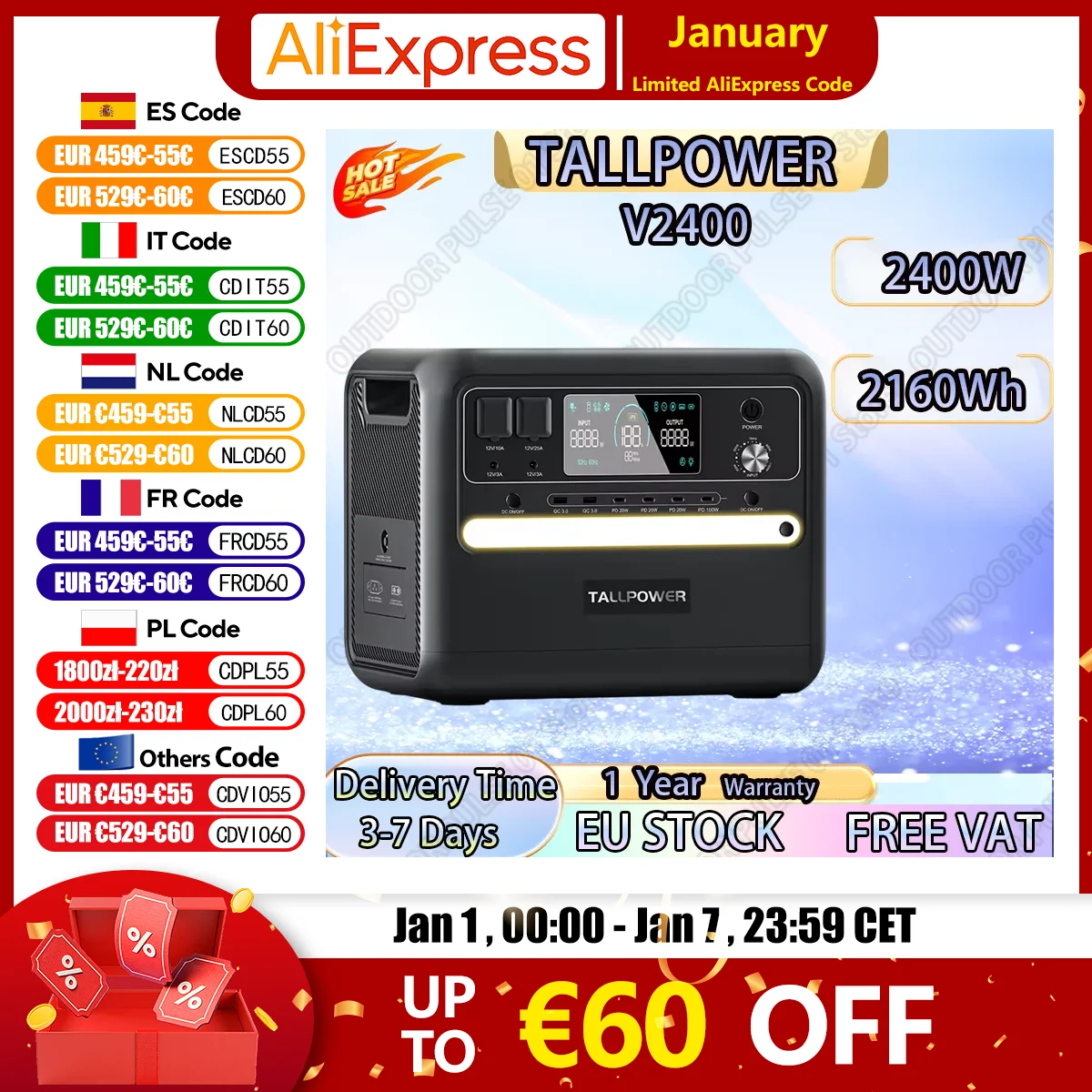 TALLPOWER V2400 centrale électrique Portable 2400W générateur solaire 2160Wh LiFePO4 batterie de secours à domicile Camping en plein air alimentation Mobile