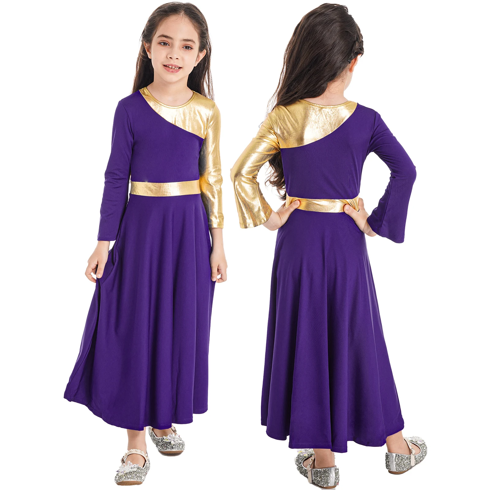 

Kids Girls Color Block Metallic Ballet Dance Modern Lyrical Dress Long Sleeve Bell-bottom Liturgical Praise Tunic Church Robe