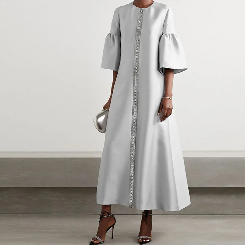Women's Luxury Silver Gown with Crystal Embellishments Fit Dress 2026 New Summer Elegant Flared Sleeves Midi Evening Dresses
