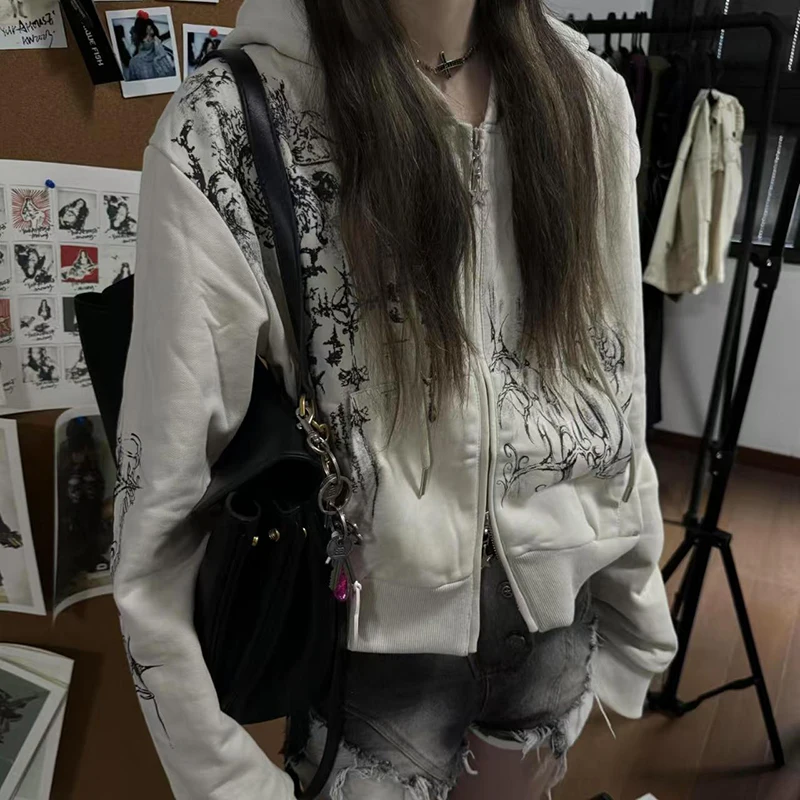 

Korean Y2k Aesthetic Cropped Hoodies Women Casual Printing Double Zippers Harajuku Punk Sweatshirt Gothic Fairy Grunge Jackets
