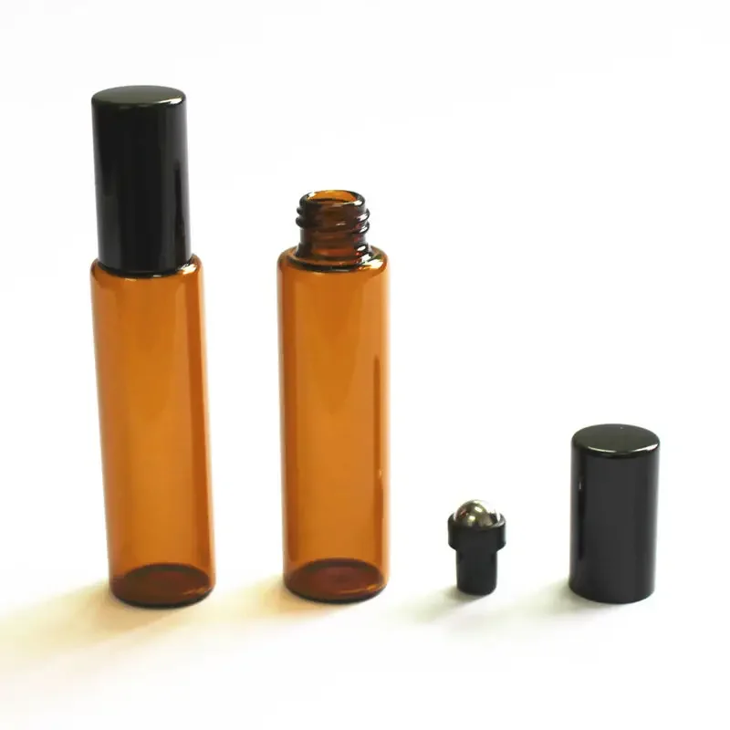 20pcs/lot 10ml Glass Roller Bottle Brown Roll on Bottles Sample Vials with Stainless Steel Ball and Aluminum Gold Silver Cap