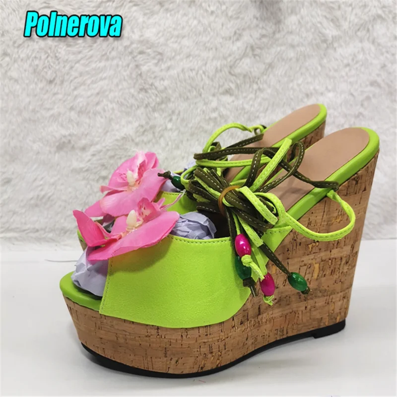Summer Sweet Women's Sandals Wedge Platform Green Pink Satin Flower High Heels Elegant Peep Toe Ankle Wrapped Lace Up Shoes