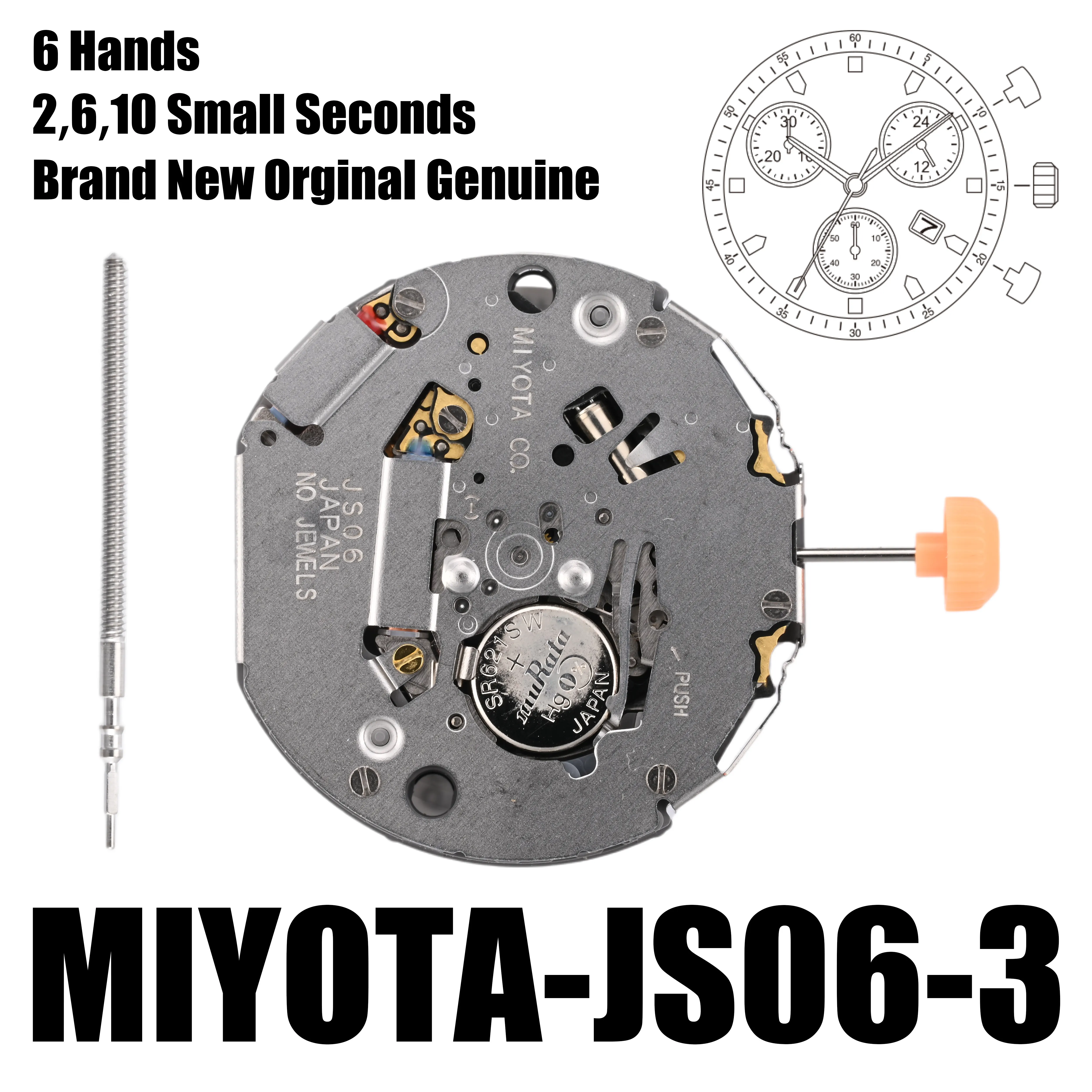 Miyota JS06 Movement Small Second Chronograph Chrono 30min/sec, 24 hour Size 12 1/2''' Height 4.30mm Accuracy ±20 sec per month