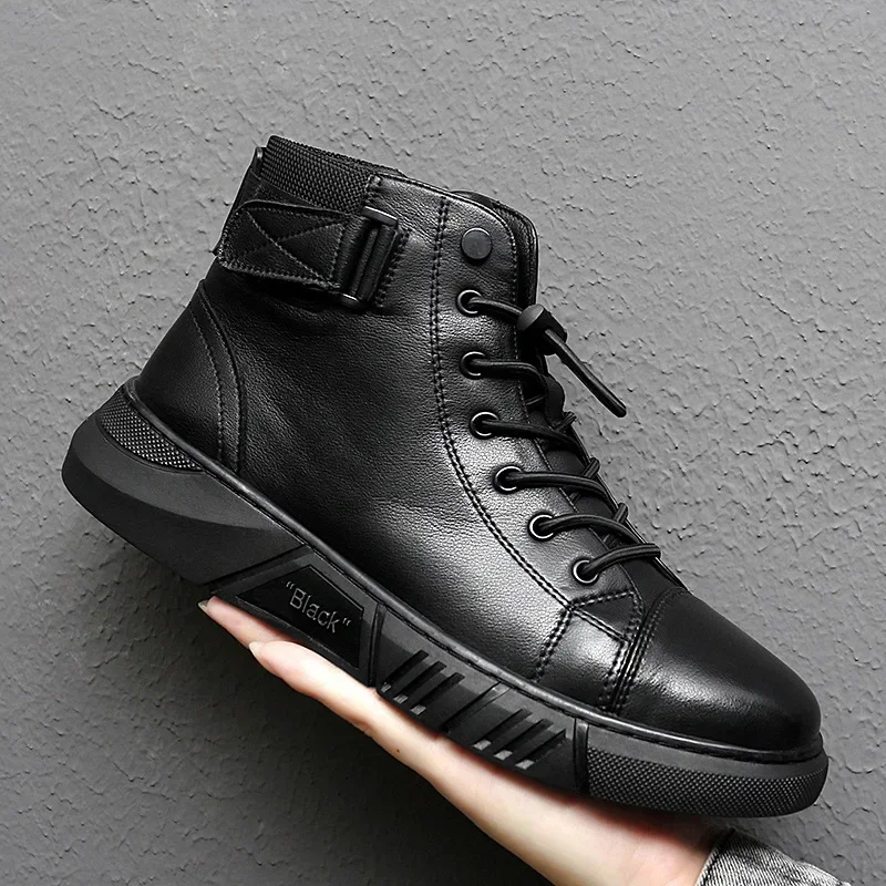 2024 Autumn Winter Fashion Men's Ankle Boots PU Leather High Quality Comfortable Black Leather Platform Casual Shoes