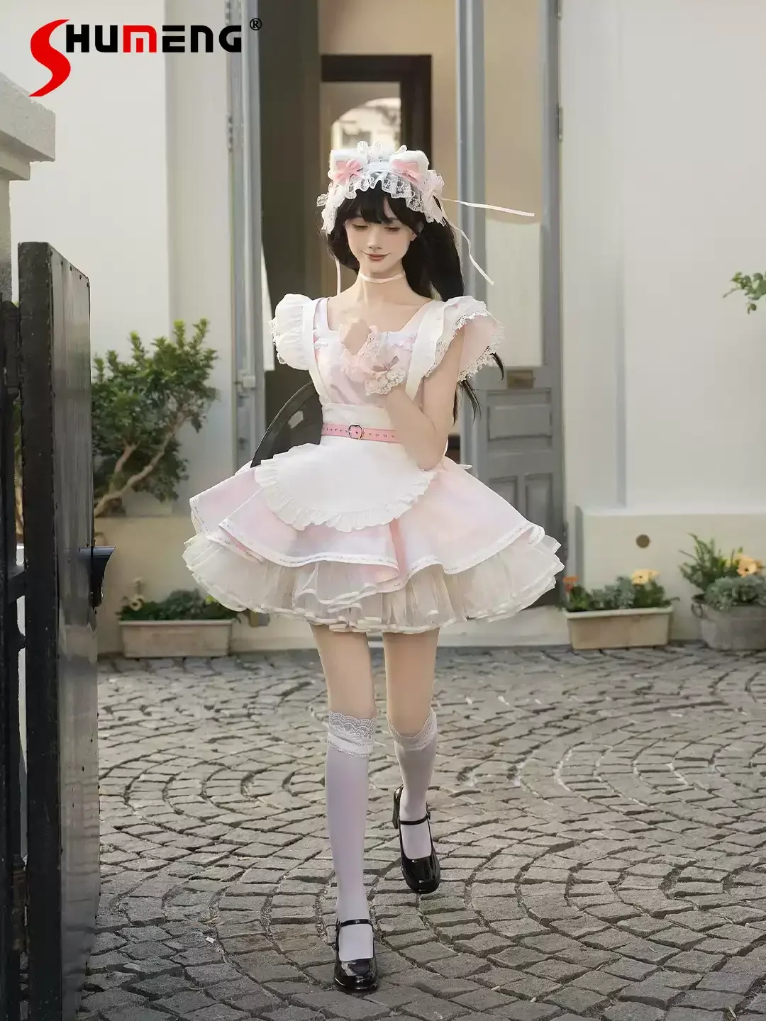 

Original Japanese Sweet Cute Girl's Dress Square Neck Bow Lace Short Sleeves High Waist Kawaii Pink Lolita Short Dress for Women