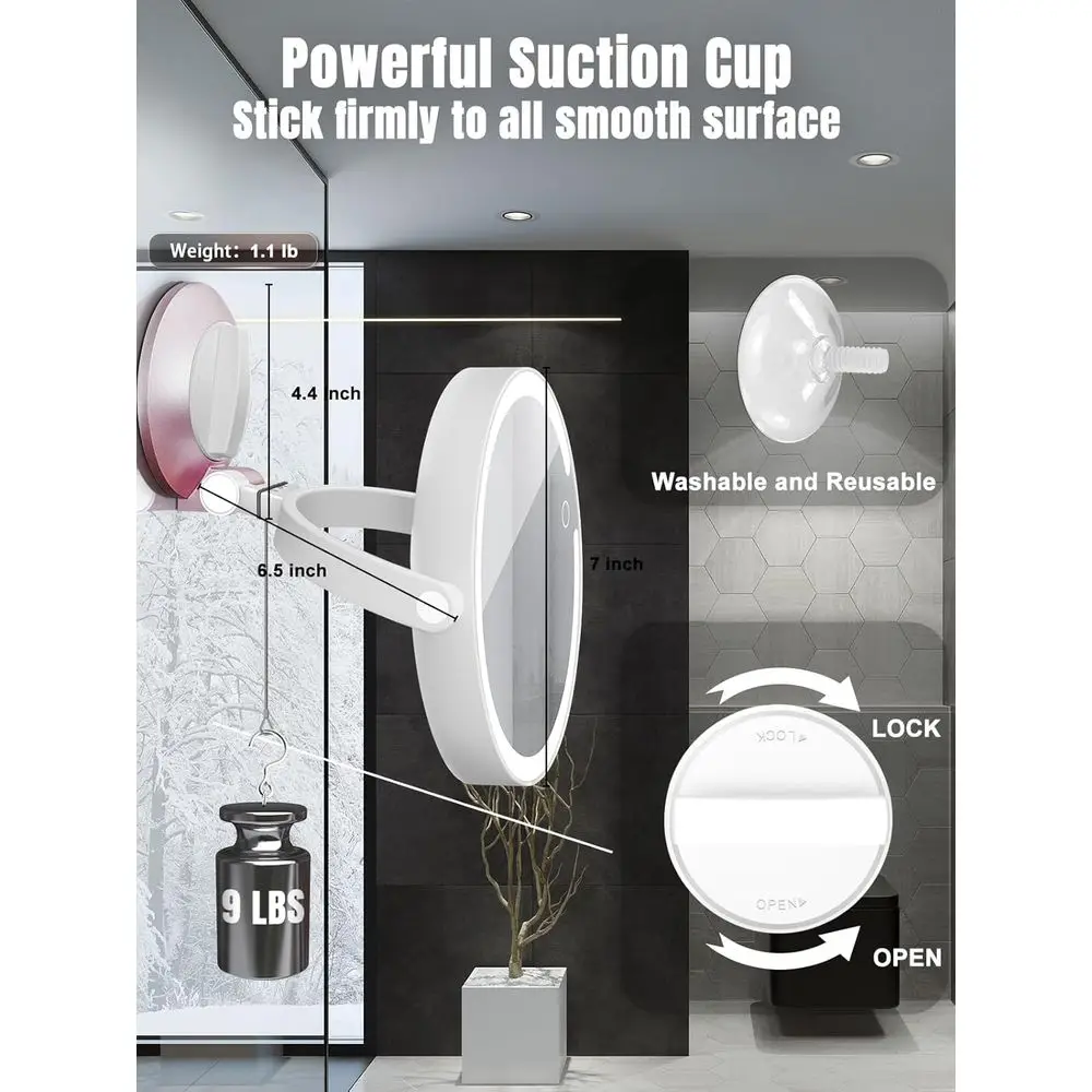 مرآة مكياج LED مزدوجة الجوانب مع كوب شفط، قابلة لإعادة الشحن، 3 أوضاع إضاءة، عالية الدقة ومكبرة، للحمام والسفر #5