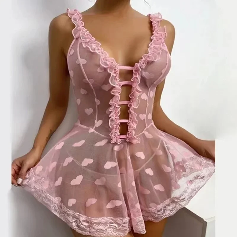 Sexy Lingerie for Woman Transparent Wave Point Porno Sexual Clothing Babydoll Lace Teddy Dress Erotic Underwear Sleepwear