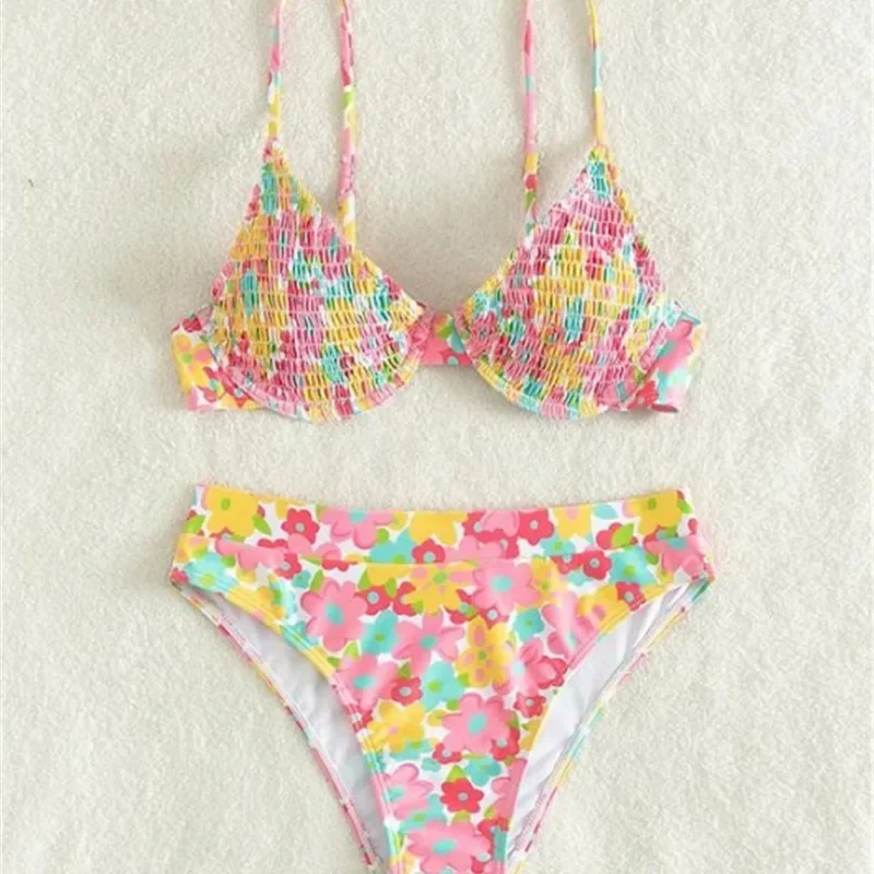 Maillot de bain brésilien à imprimé floral pour femmes, ensemble deux pièces, soutien-gorge push up, col licou, culotte taille haute, monokini, vêtements de plage, 2025