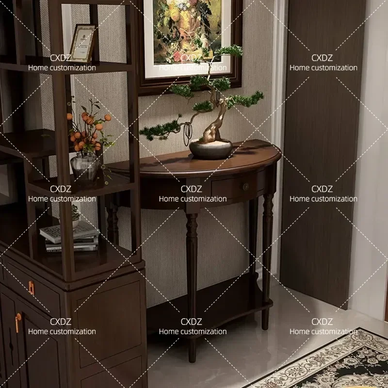 American Solid Wood Entryway Narrow Cabinet 30cm Semi Round Wall Side Table Entrance Storage Console for Hallway Living Room