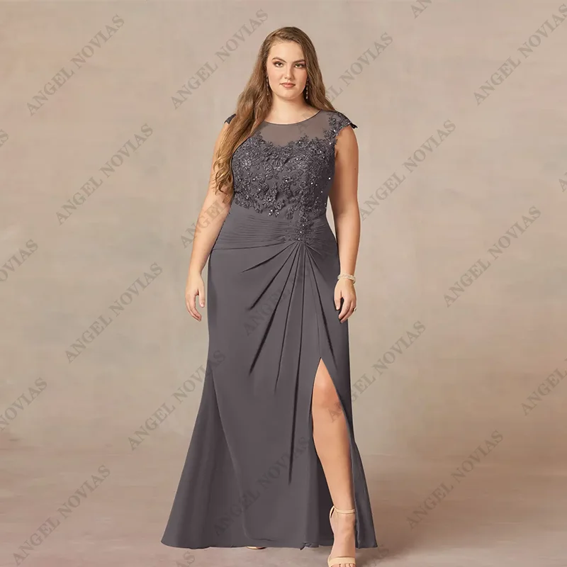 

Long Plus Size Chiffon Mother of Bride Dresses with Slit for Formal Party 2025 Scoop Wedding Party Gown New