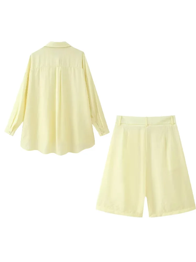 HH أطقم نسائية ضيقة على الموضة ذات طية صدر السترة الصفراء وأكمام طويلة قمصان واحدة الصدر + شورت صيفي عالي الخصر بدلات نسائية أنيقة