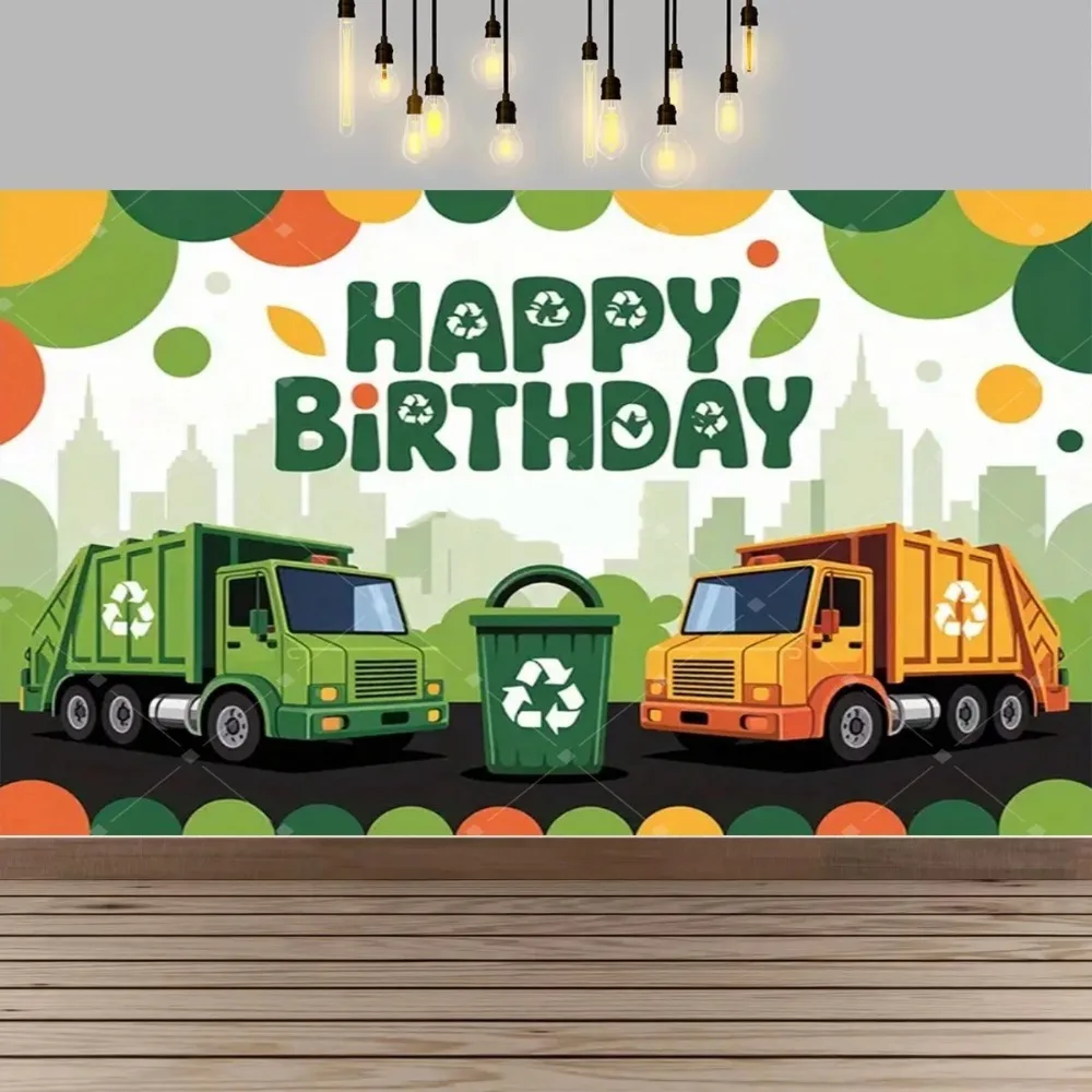 

Recycling bin garbage truck theme party decoration background, garbage bin children's birthday party banner photography Backdrop