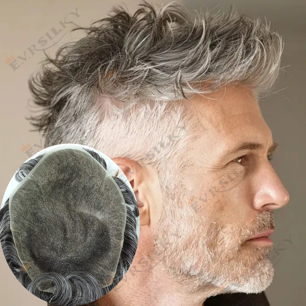 

Супер натуральная линия волос, 100% человеческие волосы, мужской парик, дышащий, легкий, тонкий, полный кружевной, старый мужской, серый 380 # 440 # Коричневый парик с отбеливающими узлами