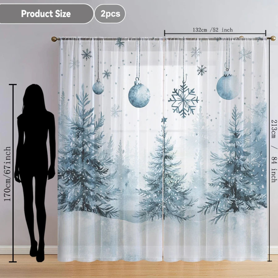 クリスマス柄のシアーカーテン2枚セット。青い雪の結晶の水彩画 - Curtain Rods のレビューと価格