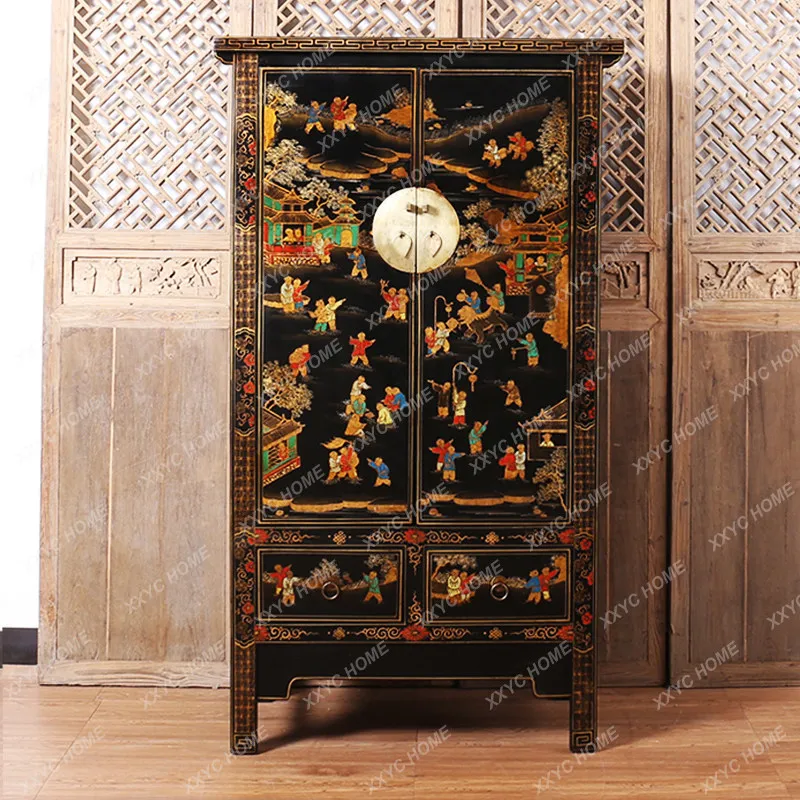 Solid wood gold hand-painted clothes hanging rod large wardrobe retro hand-painted bedroom storage wardrobe