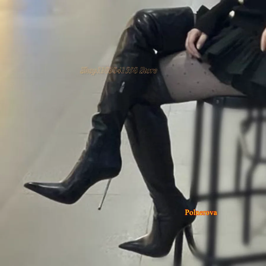 Black Leather Boots for Women,Sexy Pointed Toe High Heel boots Zippered Thin Heel Over The Knee Boots 2023 Zapatos Para Mujere