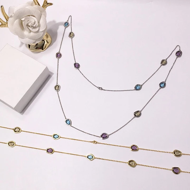 

Famous Brand Jewelry Colorful SWR Crystal Necklace Long Chain 12 Stones High-End Candy Style Sweater Necklaces for Beauties