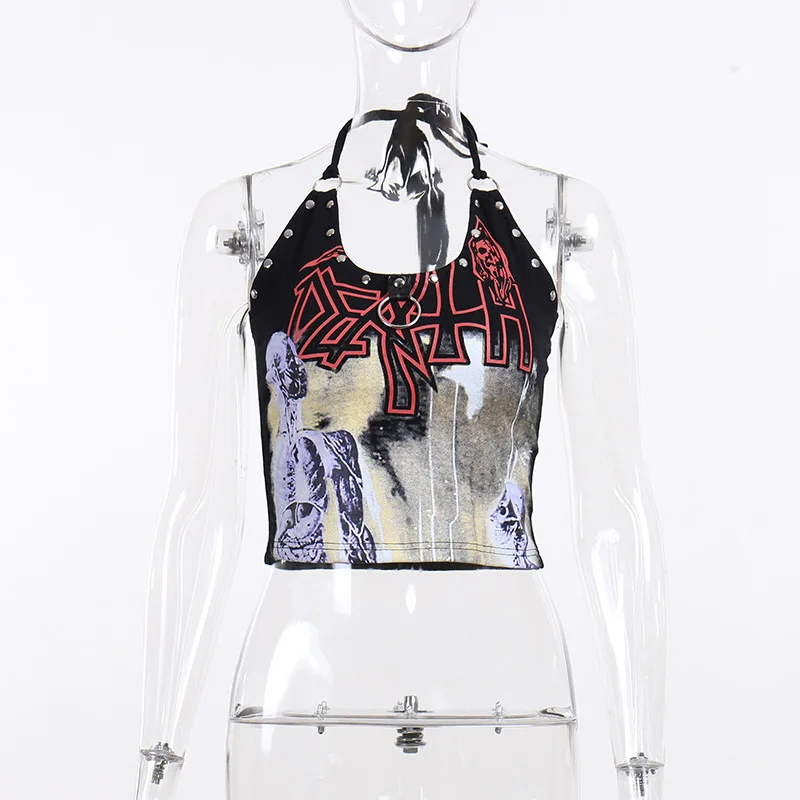 Gothic Bodycon Crop Tops Sexy Printing Goth Cosplay Nail Tight Body Zentai Beauty Back Hanging Neck Halter Female Women