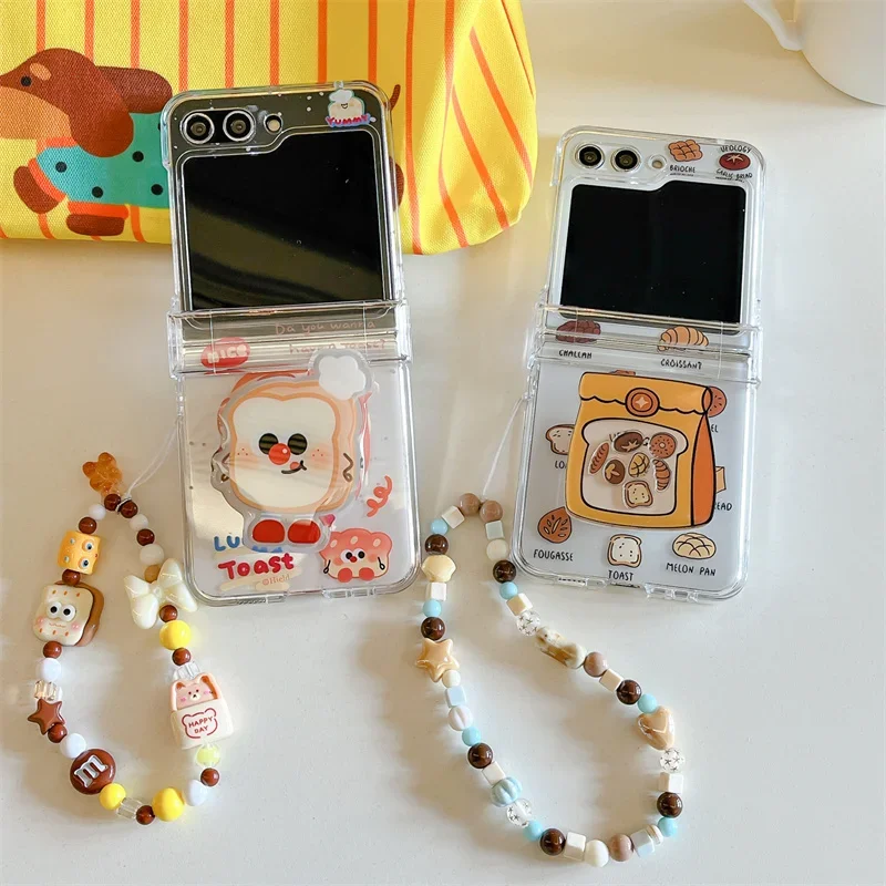 

For Samsung Galaxy Z Flip 7 FE ZFlip3 Flip4 Flip5 Flip6 Cute Bread Funny Stand Bracelet Phone Case Hinge Shockproof Back Cover