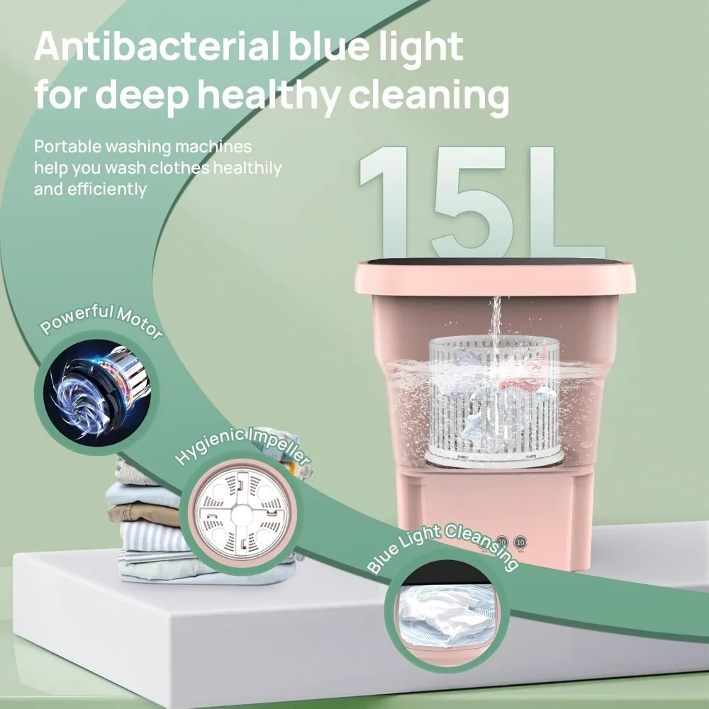 غسالة محمولة قابلة للطي مع ضوء أزرق ، غسالة صغيرة للملابس الداخلية ، ملابس الأطفال ، شقة ، RV ، 15l