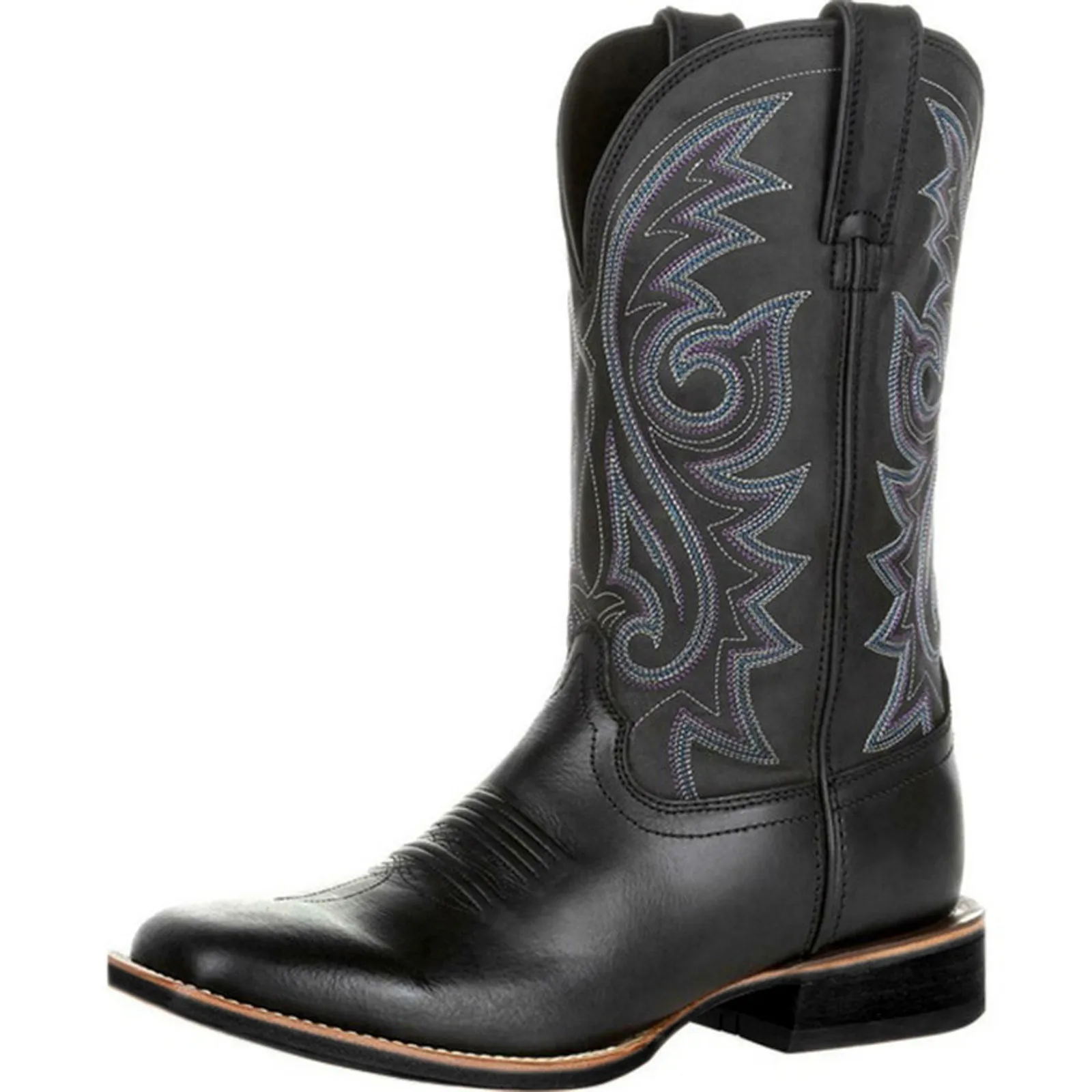 Western Motorcycle Knight Cowboy Boots Men High Quality Embroidered Mid Calf Leather Boots Casual Designer Male Shoe Comfortable