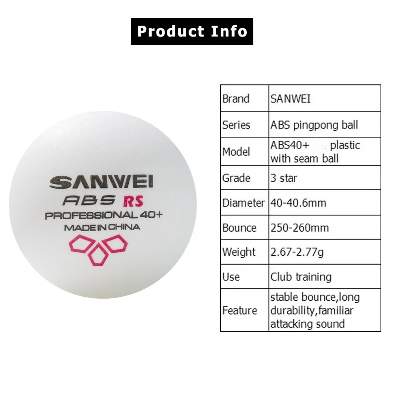 SANWEI RS40 + 3 نجوم كرات تنس الطاولة الملحومة ABS مادة جديدة دائم عالية ترتد كرات بينغ بونغ للتدريب 50/100/200 قطعة