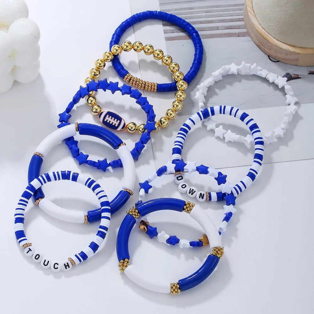 9-Piece Baseball Bracelet Multi-Layer Wear Crystal Love Pentagram Letter Polymer Clay Friendship Elastic Bracelet for Female