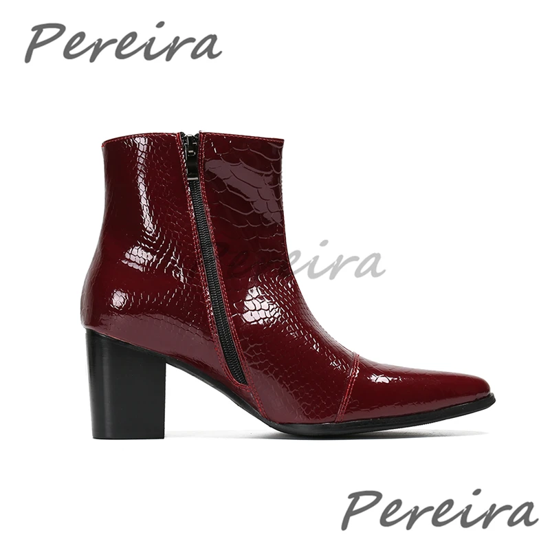 Men's 8CM High Heels Short Boots Multi Color Snake Pattern Side Zipper Chelsea Boots Patent Leather Business Dress Shoes
