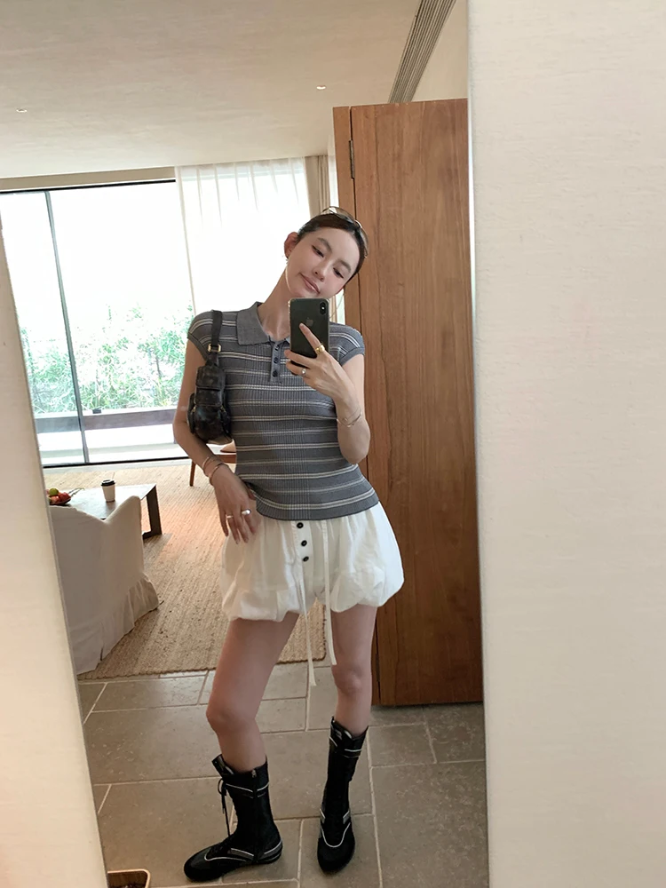 

Женский трикотажный топ 3C Cool Feeling Commute Slim Fit с коротким рукавом, в полоску, в корейском стиле, стандартная модель