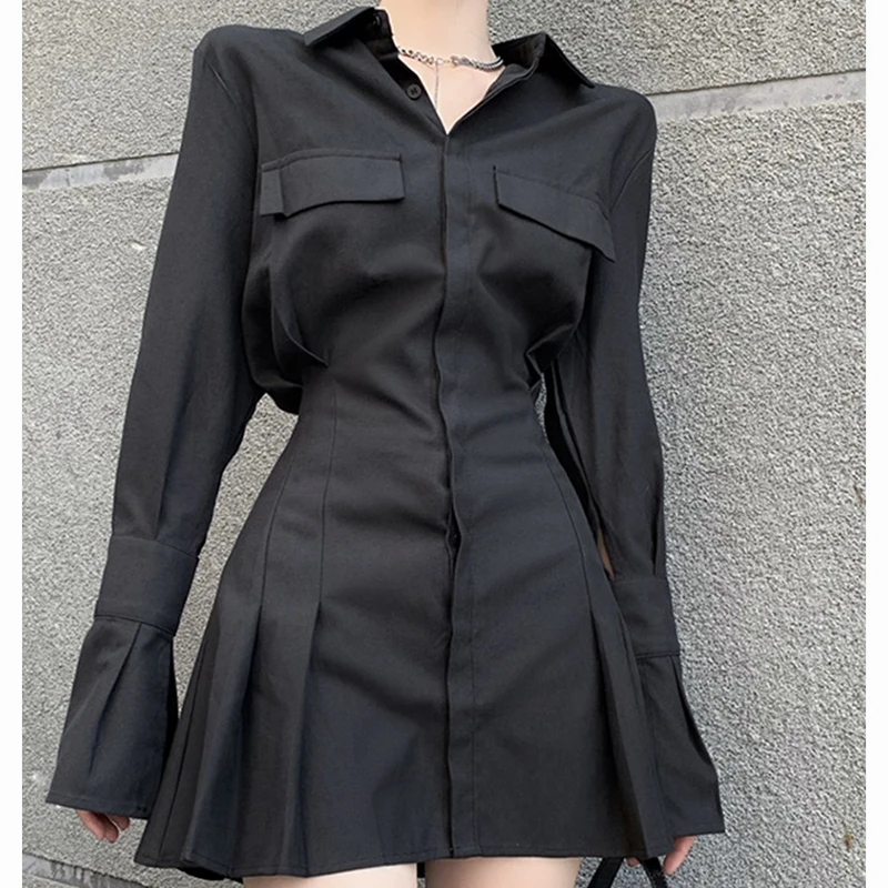 Y2k Black Women Shirts Korean Slim Chic Female Casual Blouse Dress Harajuku Autumn Fashion New Flare Sleeve Ladies Tops