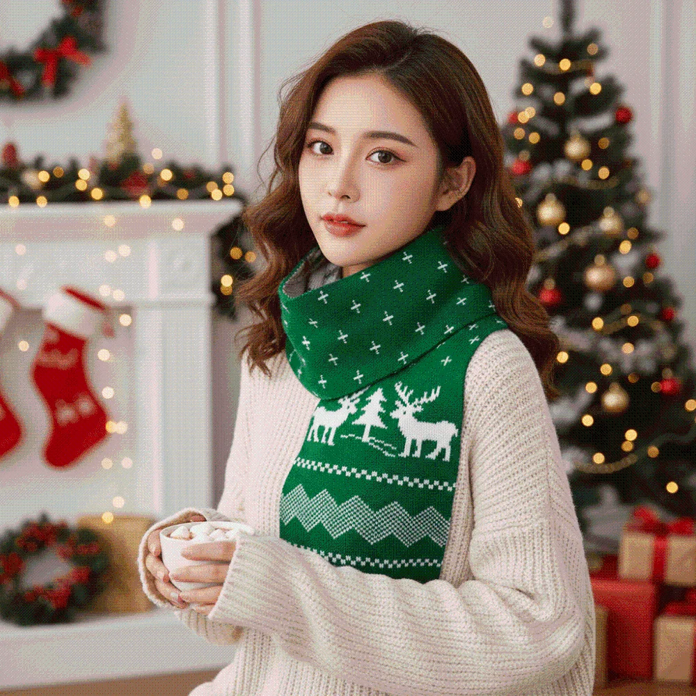 Thermal Yarn Christmas Hat Scarf Striped Pattern Plush Pom Xmas Beanie Snowflake Print Double Layered Santa Claus Beanie