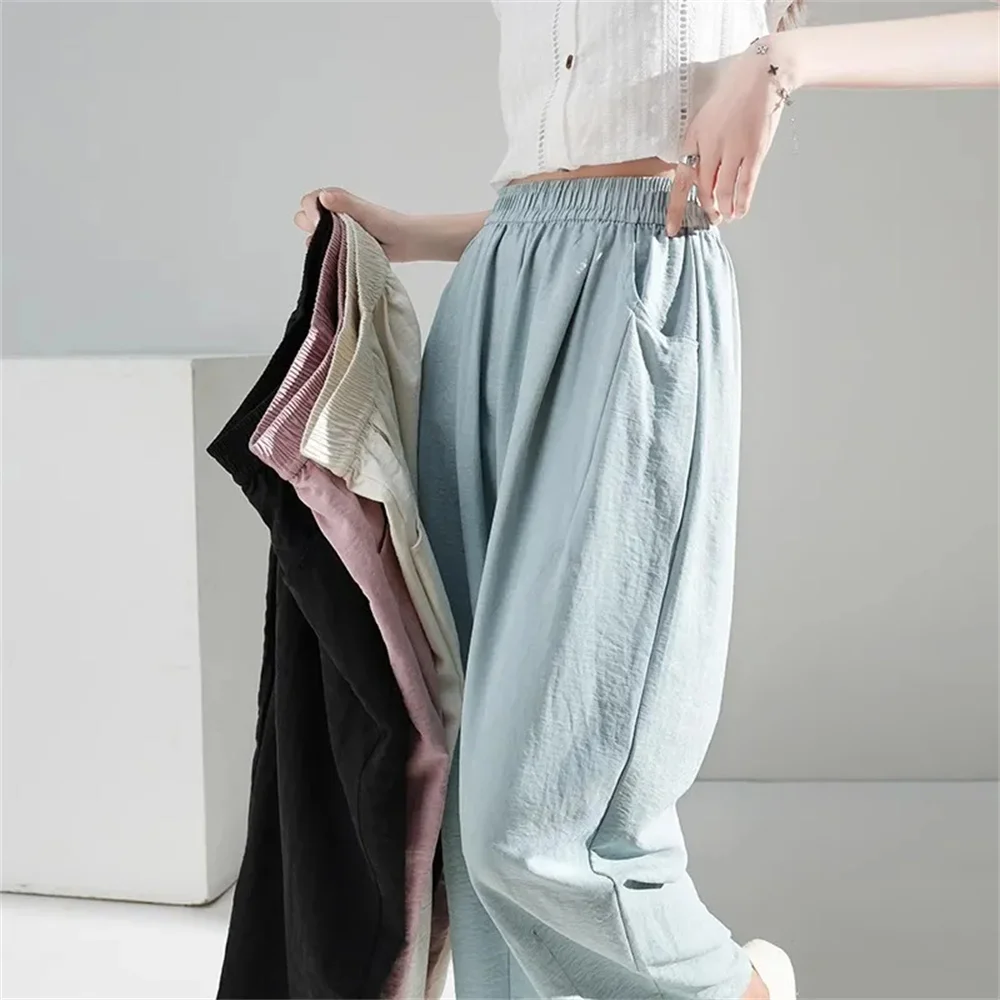 

Летние белые плиссированные брюки с широкими штанинами, однотонные, женские, в стиле Y2K, повседневные, с эластичным поясом, с высокой талией, свободные, модные, с драпировкой