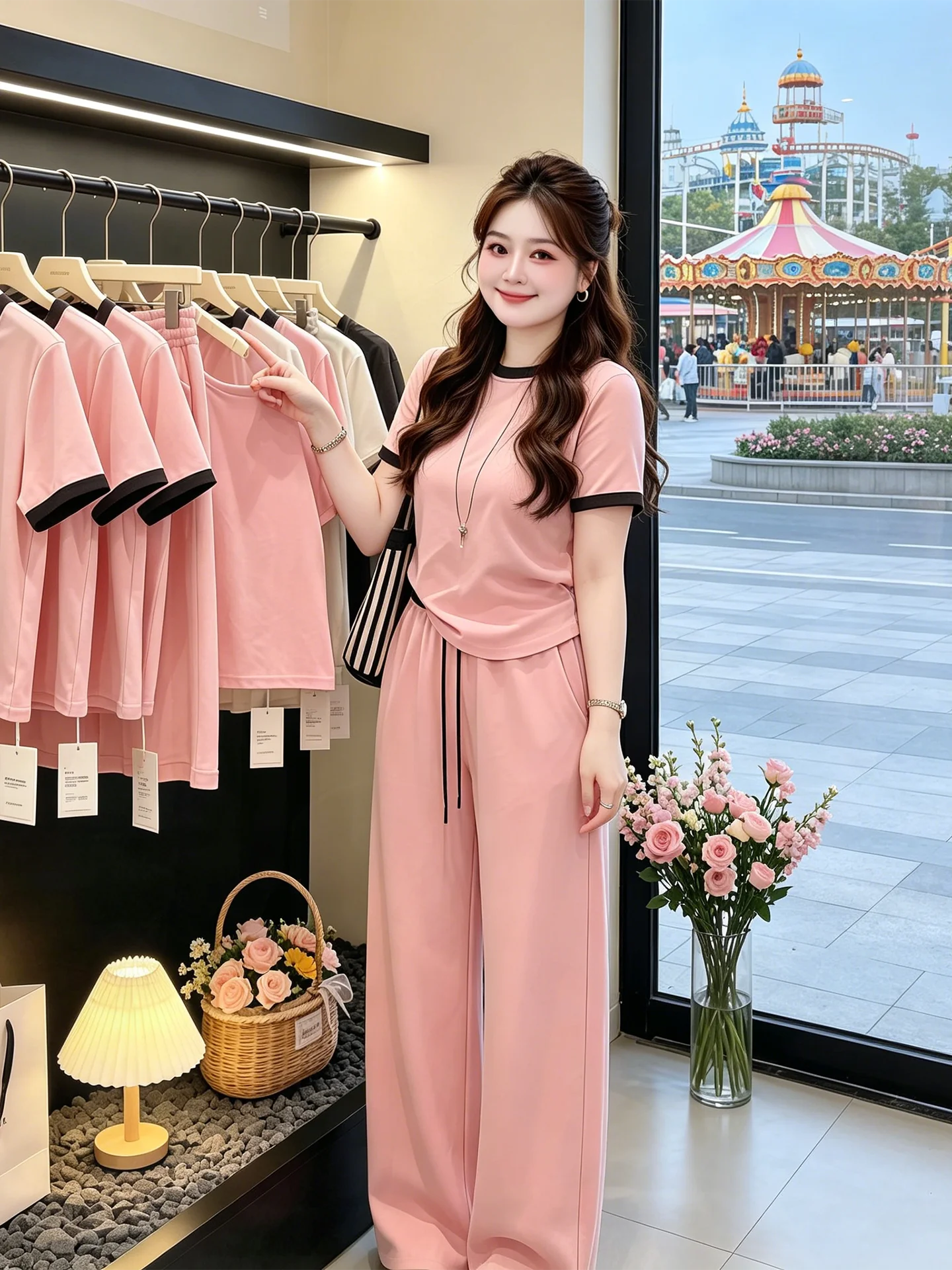 

Korean Style Unique Beautiful Small Set Summer New Pure Color Age Reduction Shock Color T-shirt Wide Leg Pants Two Piece Set
