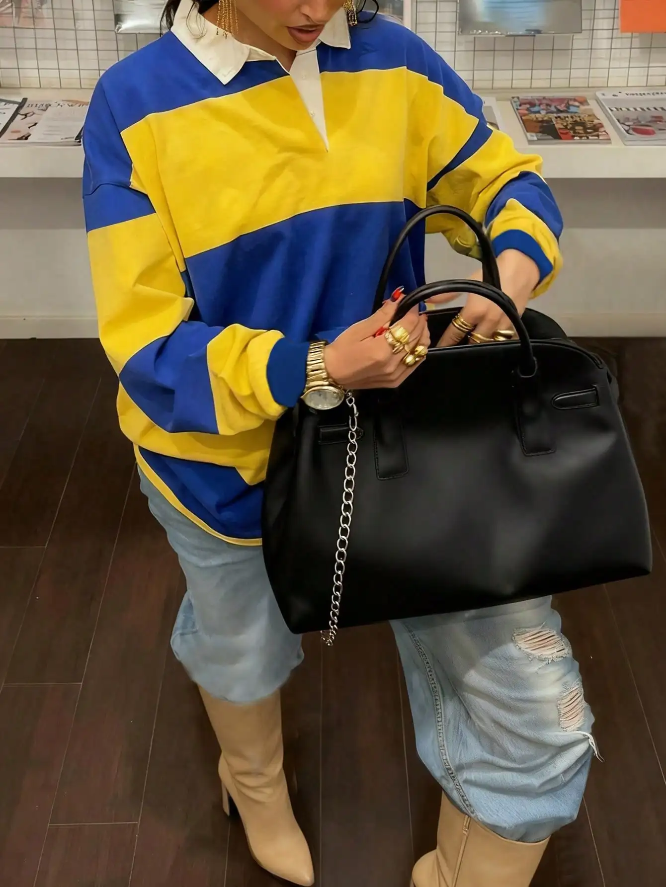 

Женская толстовка Y2K с цветными полосками, длинными рукавами, свободного кроя, с отложным воротником, повседневный уличный стиль