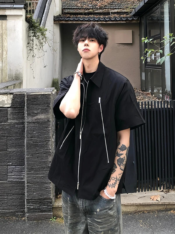 

Double Zipper ort Sve irt Men's Summer American Collar f Sve Cleanfit Haome Five Sve irt Casual Loose Fit