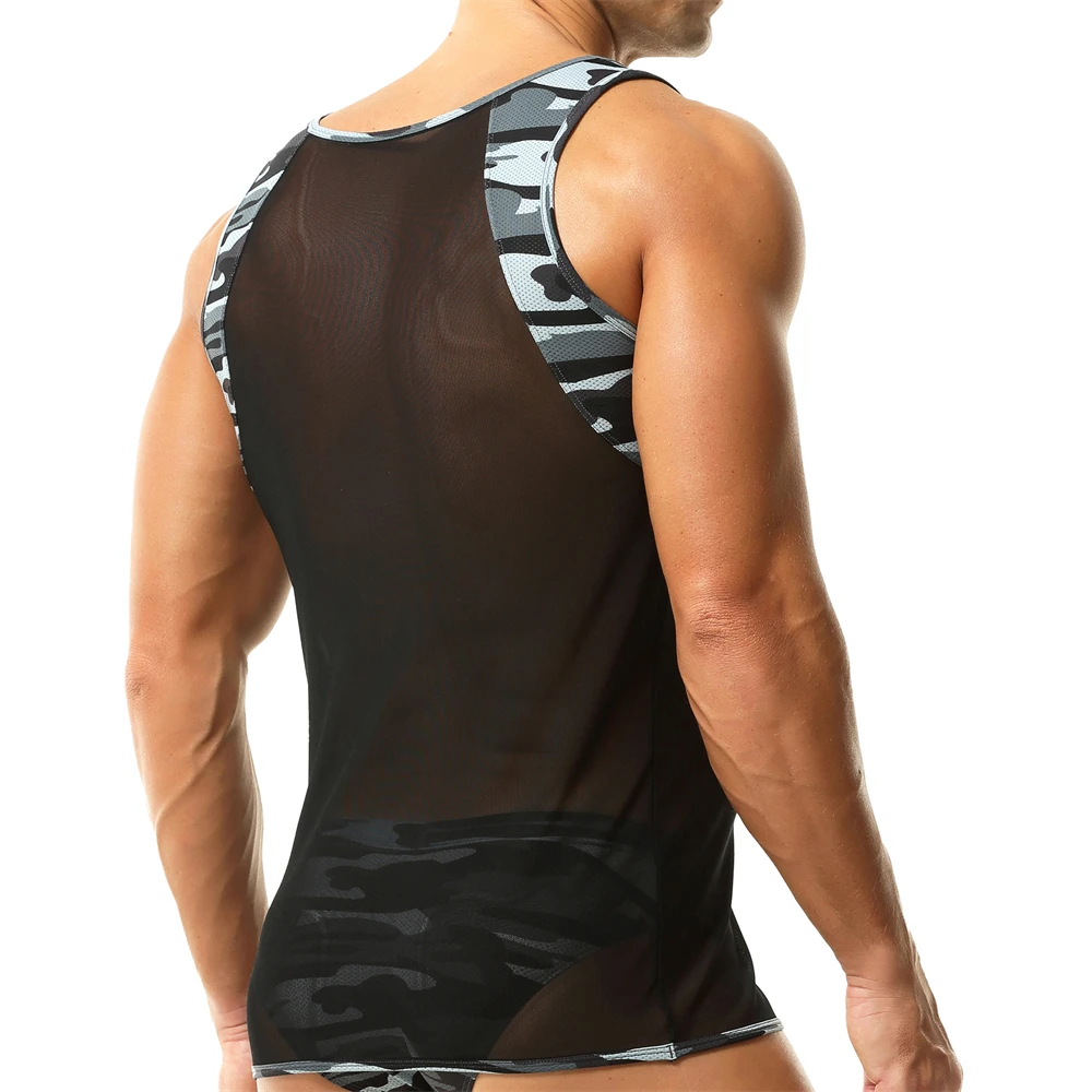 섹시한 남성 언더 셔츠 위장 시스루 메쉬 민소매 티셔츠 통기성 스포츠 조끼 남성 라운지 탱크 탑 쉬어 탑